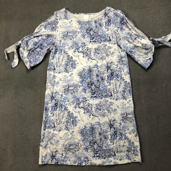 H&M  Linen Blend safari Tiger Blue White Shift Dress Tie Sleeves size 2 - Picture 1 of 8